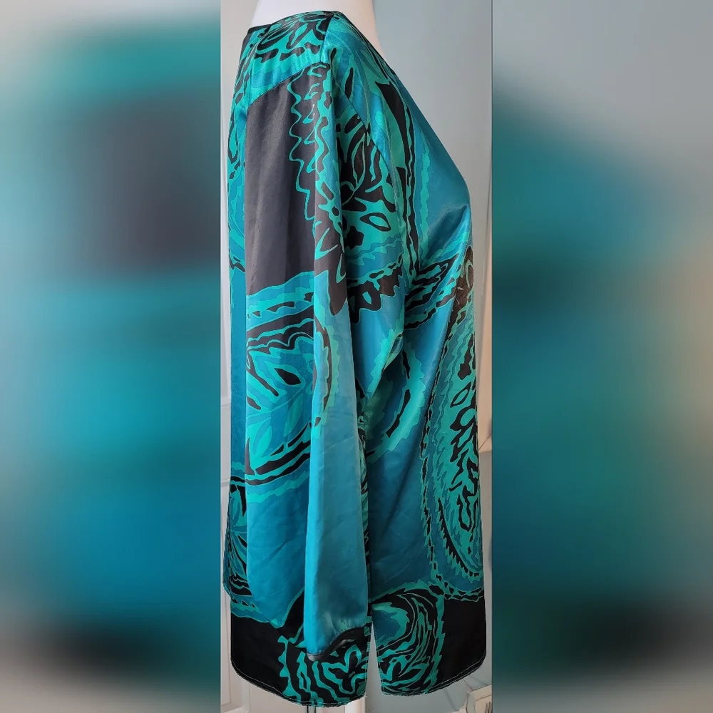 Oscar de la Renta for Swirl 80's 90's Vintage Kimono Blouse Womens M Black Teal - Picture 5 of 11